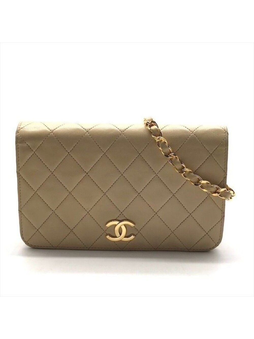 Chanel CC Logo Mini Quilted Push Lock Chain Shoulder Bag Beige Lambskin